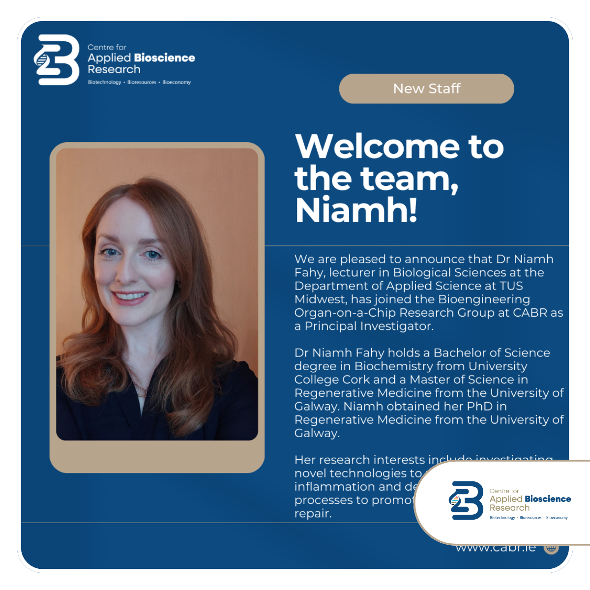Dr Niamh Fahy - CABR New Staff (Thumbnail)