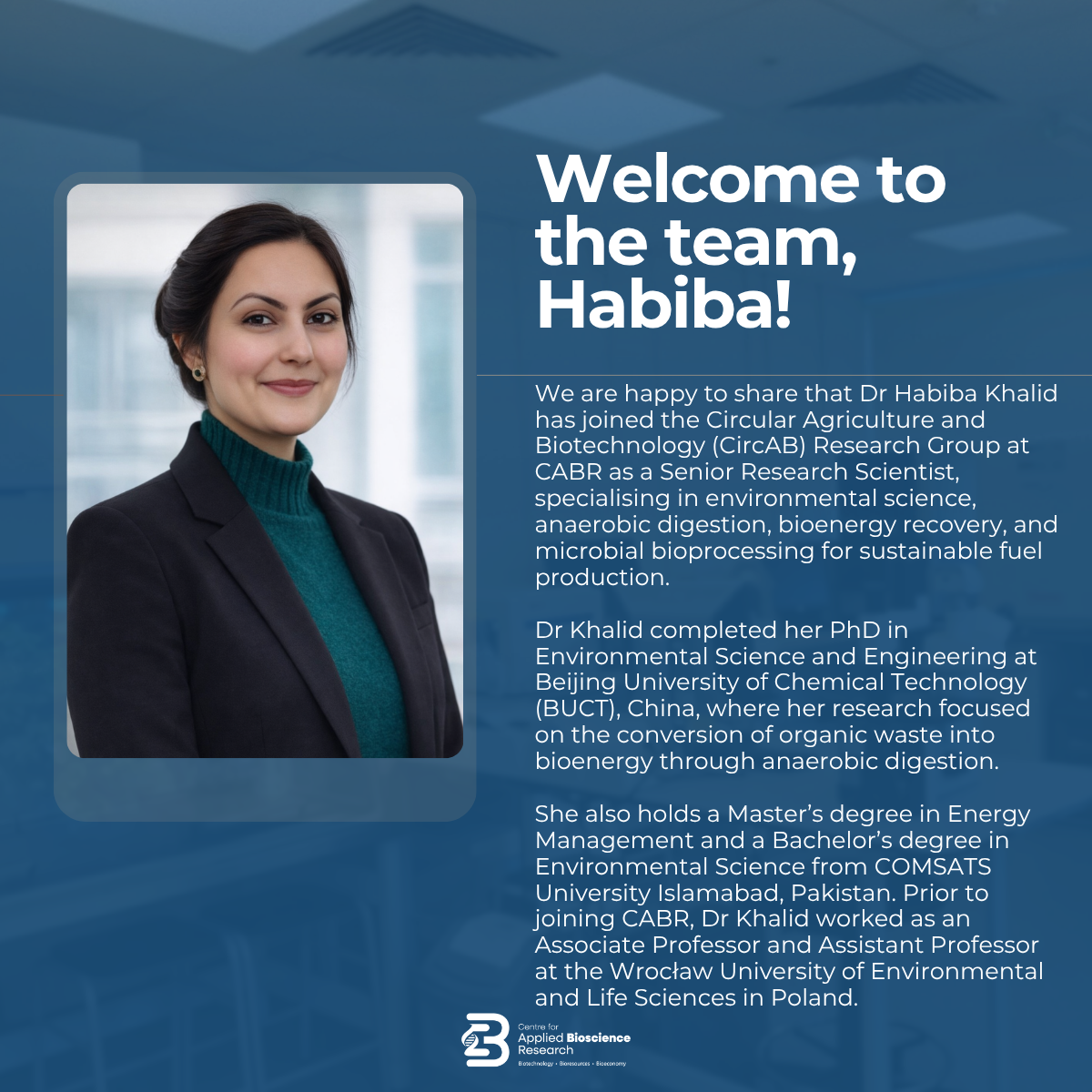 Dr Habiba Khalid - CABR New Staff
