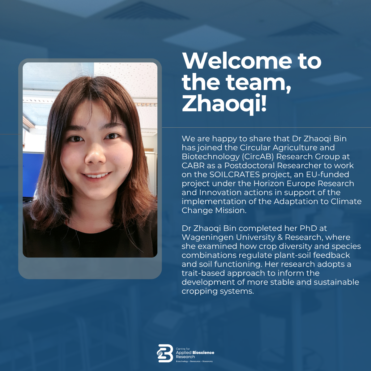 Dr Zhaoqi Bin – CABR New Staff Dr Zhaoqi Bin - CABR New Staff